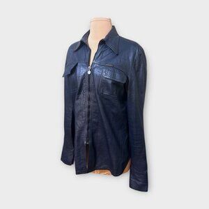 Vintage Retro Leather Jacket Midnight Navy M Women Snap Cuffs Western Boho 70s